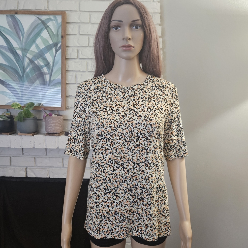 MSCH  Black Yellow Cream Top Short Sleeves Blouse Long Line Moss Copenhagen